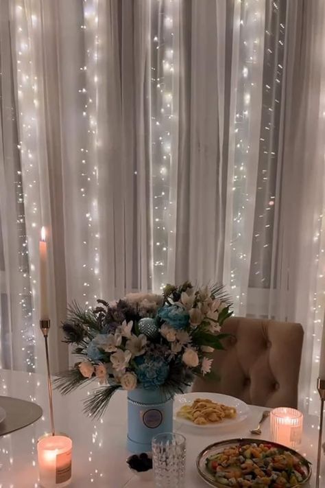 Romantic Set-Up & Aesthetic Table! Christmas Wedding Backdrop, Fairy Lights For Bedroom, Aesthetic Table, Wall Decor Hanging, Window Wall Decor, White String Lights, Fairy Lights Bedroom, Lights For Bedroom, Table Set Up