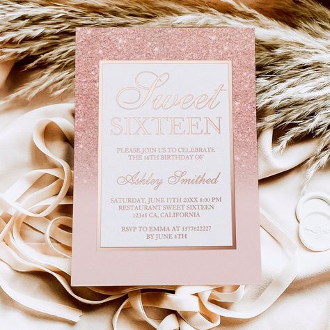 Sweet 16 Party Invitations, Budget Birthday, Glitter Blush, Pink Sweet 16, 16 Invitations, Rose Gold Ombre, Budget Party, Rose Gold Invitations, 16th Birthday Invitations