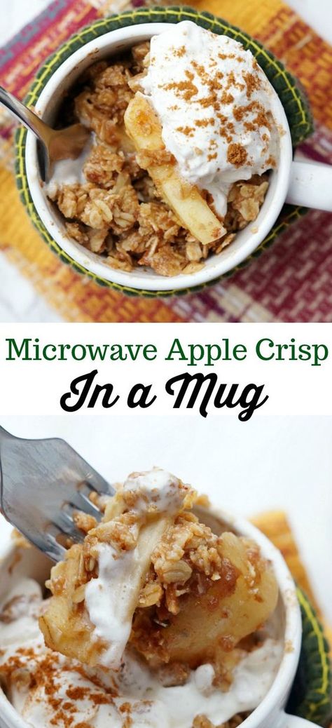 Easy Flourless Desserts, Apple Crumble In A Mug, Microwave Dinner Ideas, Quick Dessert Recipes For One, Easy One Person Desserts, In A Cup Recipes, Mug Food Recipes, Cobbler In A Mug, Individual Apple Crisp