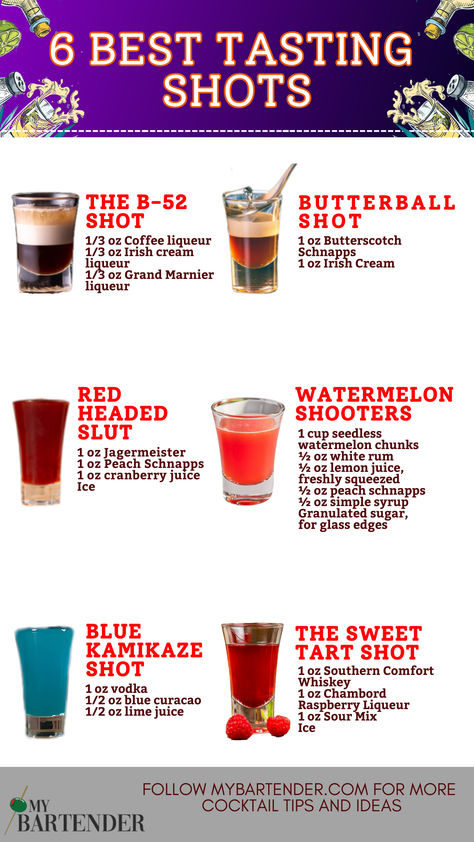 Best Tasting Shots Alcoholic Drinks Recipes For A Party, Non Alcoholic Shots Recipes, B 52 Shots, Birthday Shots Recipes, Shot Ideas For Party, Basic Bar Drinks, Easy Shots To Make, Easy Shot Recipes, Delicious Shots