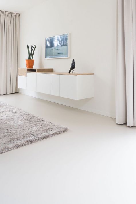 White Floor Living Room, White Concrete Floors, Simple Living Room Decor, Herringbone Wood Floor, Residential Flooring, Living Room Tiles, Room Details, Floor Trim, Simple Living Room