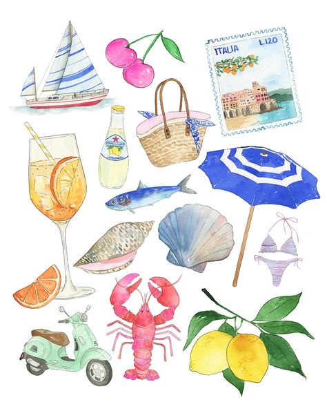 Dreaming of an Amalfi Coast summer 🍋🌊👙 Now I just need some pasta & gelato to complete the vibe! Painted this Italian compilation, back in January for a big project and now that it’s July, I finally get to share! How is it already July?? This summer is flying ☀️ #amalficoast #watercolorillustration #winsorandnewton #createwithblick #artinspiration #ladiesofillustration #designspiration #positano #amalficoastitaly #italiansummer #watercolorpainting #etsyfinds Amalfi Coast Summer, Italy Illustration, Girly Decor, 3d Art Drawing, Paint Shirts, Plate Art, Big Project, Summer Wallpaper, The Vibe