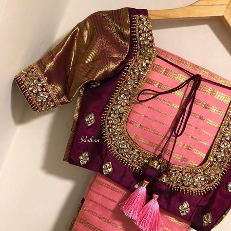 This beautiful shade of pink saree and burgundy blouse !!! 😍😍 . . Custom made for Dear Shripriya mam with Semi precious Jaipur Gem Stones !… Silk Saree Blouse Designs Patterns, Latest Bridal Blouse Designs, Cotton Blouse Design, New Saree Blouse Designs, Wedding Saree Blouse Designs, Traditional Blouse Designs, Shade Of Pink, Cutwork Blouse Designs, Burgundy Blouse