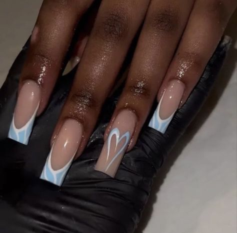 follow for more! Green And Blue Nail Ideas, Blue And White Nails Designs, Short Acrylic Nails Designs Blue, Baby Blue And White Nails, Blue Square Acrylic Nails, Blue Nail Inspo Acrylic, Blue And White Nail Designs, Nails Blue Design, Baby Blue Nails Ideas