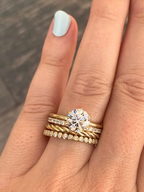 Yellow Gold Engagement Rings: 2021’s Trendiest Metal | Frank Darling Mixed Metal Wedding Rings, Yellow Gold Wedding Ring Sets, Wedding Band Stack, Large Engagement Rings, Frank Darling, Yellow Gold Solitaire Engagement Ring, Prong Engagement Rings, Stacked Wedding Bands, Stackable Rings Wedding