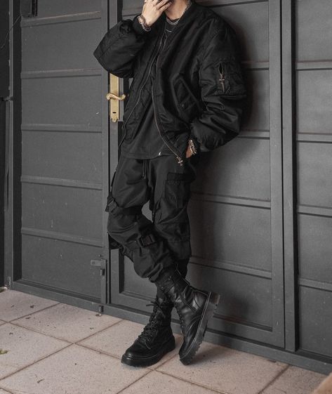 Techwear, Streetwear, Bomber Jacket, Jacket, Cargo Pants, Tech Pants, Emo, Black, Dark, Outfit, Black Outfit, All Black Outfit, Future, Futuristic, Darkwear, Cyberpunk, Chains, Eboy, Anime Boy, Kpop, Fashion, Streetstyle, Techno, Aesthetic, Photography, Urban, Urban Style, Boots, Combat Boots, cyberpunk edgerunners, edgerunners Men Dark Style, Warcore Men Outfits, Mens Black Jean Jacket, Techwear Pants Outfit, Tech Wear Street Style, Cool Black Outfits Men, Men Outfits Techwear, Mens Techwear Aesthetic, Biker Man Outfit