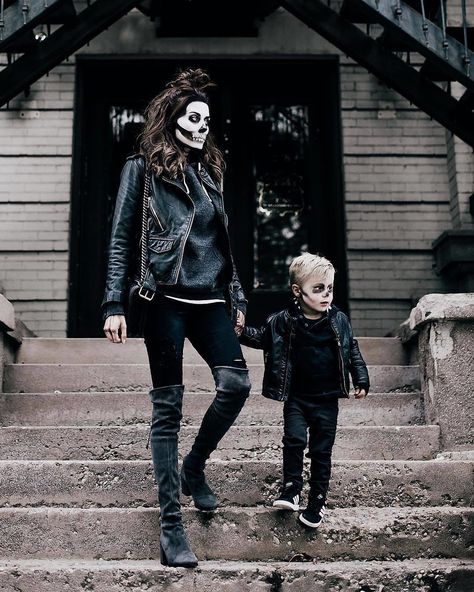 CafeMom.com : Skeletons Mother-Son Costumes : 20 Creative Mother-Son Halloween Costume Ideas -- These skeleton looks are creepy in the best way! This mom and son look super cool in their black leather jackets and scary face makeup. Mother Son Halloween Costumes, Uhyggelig Halloween, Mom Halloween Costumes, Toddler Boy Halloween Costumes, Costumes Scary, Halloweenský Makeup, Mom Costumes, Kostuum Halloween, Boy Halloween