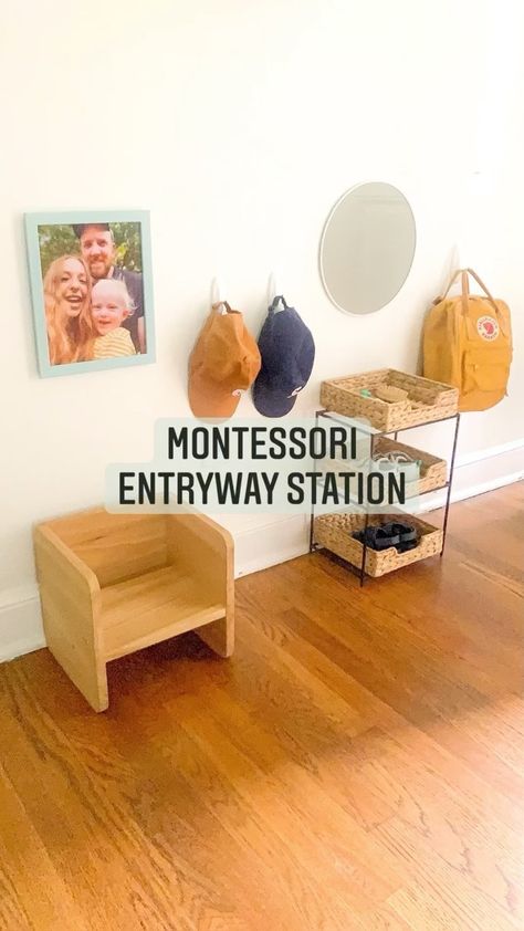 Montessori Shoe Bench, Montessori Front Entrance, Entry Way Kids Organization, Montessori Coat Rack, Montessori Shoe Station, Montessori Mudroom, Toddler Getting Ready Station, Montessori Entryway Ideas, Montessori Get Ready Station