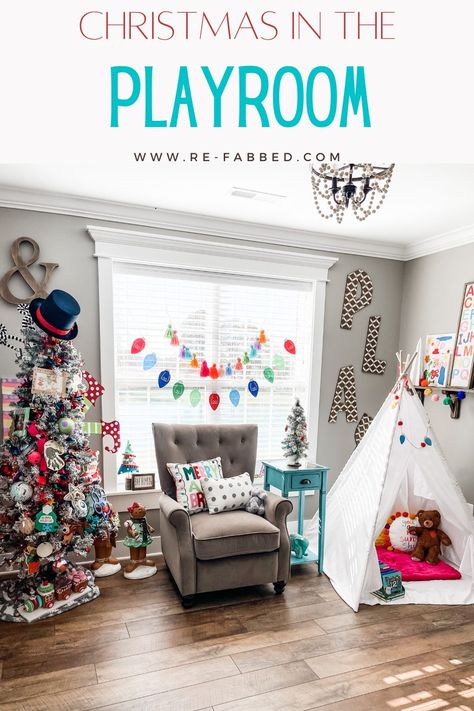 christmas in the playroom - Re-Fabbed Christmas Decor For Playroom, Christmas Playroom Decor, Playroom Christmas Decor, Playroom Christmas Tree, Hobby Lobby Signs, Toddler Play Area, Diy Playroom, Travel Ornament, Christmas Play