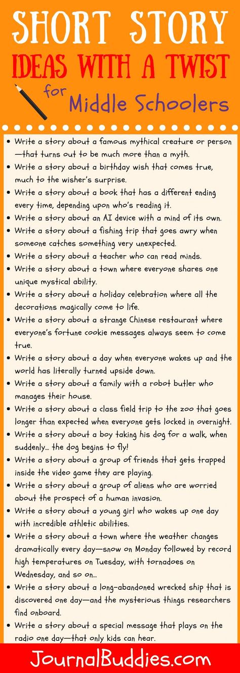 Use these short story ideas with a twist to encourage your middle-schoolers to think outside the box… and to be as creative as they can! Short Story Ideas, Short Story Writing Prompts, Short Story Prompts, Twist Ideas, Plot Ideas, Journal Prompts For Kids, Creative Writing Ideas, Writing Plot, Homeschool Writing