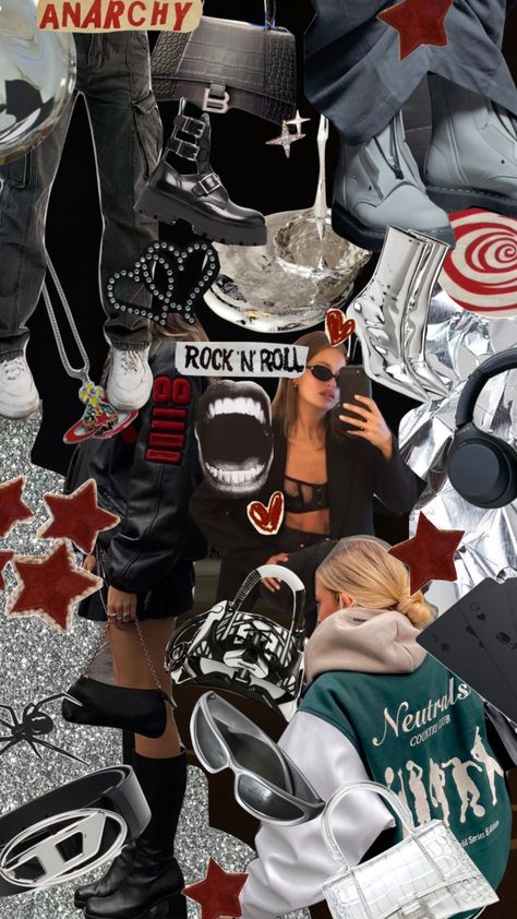 #fashion #black #red #balenciaga #rockandroll #silver #streetstyle #streetwear #trending #hot #aesthetics #collage #moodboard #sparkles #glitter #mcqueen Streetwear Moodboard Inspiration, Street Wear Mood Board, Streetwear Aesthetic Wallpaper, Streetwear Collage, Balenciaga Moodboard, Streetwear Moodboard, Streetwear Fashion Collage, Alexander Mcqueen Collage, Metallic Silver Aesthetic Fashion