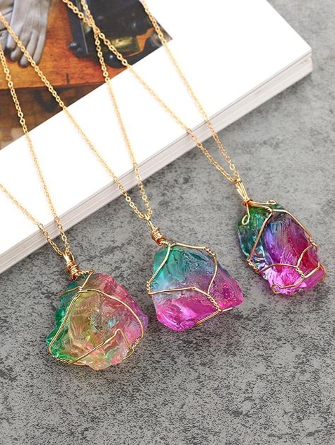 Colored Crystal Stone Necklace  MULTI , #ad, #Crystal, #Colored, #Stone, #MULTI, #Necklace #Ad Mermaid Girl Aesthetic, Cute Lip Gloss, Witch Sisters, Crystal Jewelry Diy, 2022 Jewelry, Candy Crystals, Rainbow Aura Quartz, Anniversary Ornament, Raw Stone Necklace