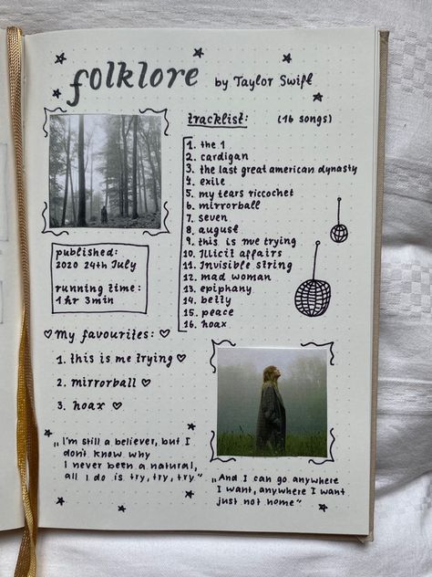 Journal Ideas Aesthetic Drawing, 2024 Journal Page Ideas, Journaling 2024 Ideas, Journal Girl Aesthetic, Folklore Journal Page, Music Page Journal, Journaling Pages Aesthetic, Album Journal Ideas, Journal 2024 Ideas