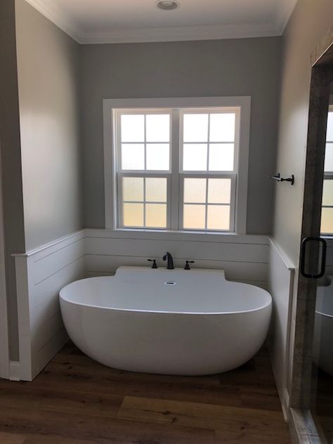 Soaker Tub Wall Ideas, Shiplap Wall Behind Bathtub, Shiplap Behind Free Standing Tub, Tile Around Freestanding Bathtub, Shiplap Behind Tub, Wall Behind Free Standing Tub Ideas, Shiplap Around Bathtub, Bathtub Wainscoting, Tile Around Tub