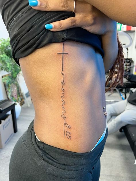 Rib Verse Tattoo, Upper Calf Tattoo Women, Roman’s 12:10 Tattoo, Small Christanity Tattoos, Tat Placement Ideas, Tattoo Ideas Ribs Side Women, Tattoo Ideas For Ribs, Galatians 2 20 Tattoo, Rib Tattoo Aesthetic