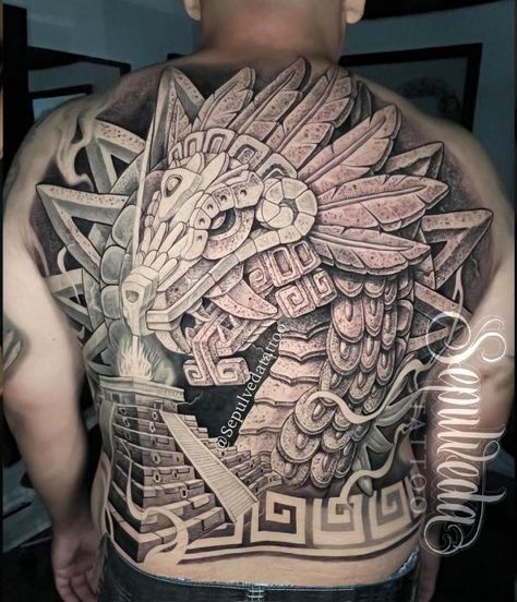 Full back Quetzalcoatl and Pyramid Tattoo Zapotec Tattoo, Aztec Pyramid Tattoo Design, Aztec Pyramid Tattoo, Quetzalcoatl Art, Quetzalcoatl Tattoo, Pyramid Tattoo, Tattoos And Their Meanings, Aztec Pyramids, Atlas Tattoo