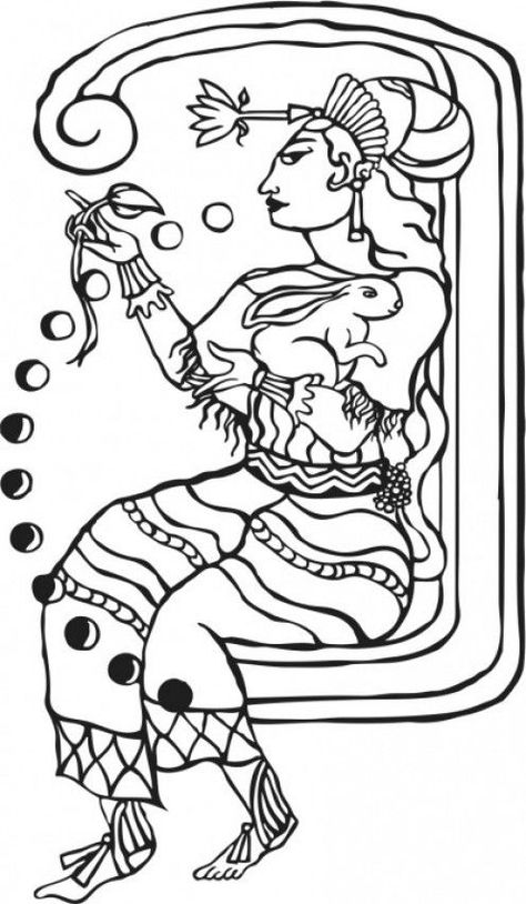 Ixchel is a moon and midwife goddess. She is often depicted as a young or old woman. In this case, she is represented as a young woman sitting on the moon, with the phases of the moon and a rabbit in her arms. The rabbit represents fertility, which was important during this time. Fertility meant new life in both crops and humans. While the phases of the moon were used to associate events in life by the Mayans. Goddess Ixchel, Mayan Goddess, Ix Chel, Moon Goddesses, Goddess Painting, Art Chicano, Goddess Symbol, Mayan Tattoos, Columbian Art