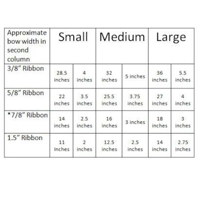 Table showing what ribbon length to cut for different sized bows. Gies with the picture of the bows. On hair hardware Make A Hair Bow, Bow Measurements, Hair Bow Tutorial, Bow Template, Bow Headband Hairstyles, Hair Ribbons, Bow Tutorial, Handmade Hair Bows, Cheer Bow