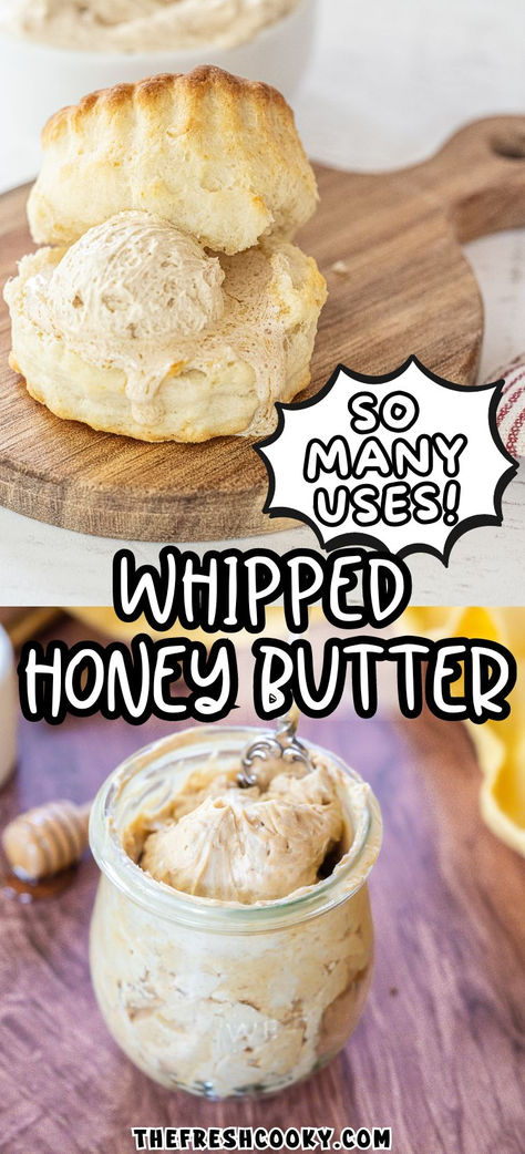 A fresh hot biscuit with a scoop of whipped honey butter on top and in a jar with a spreader. Homemade Sweet Butter, Best Honey Butter Recipe, Making Flavored Butter, Jim N Nicks Honey Butter Recipe, Recipe For Honey Butter, Homemade Flavoured Butter, Heavy Whipping Cream Butter Recipes, Diy Whipped Butter, Honey Butter Syrup