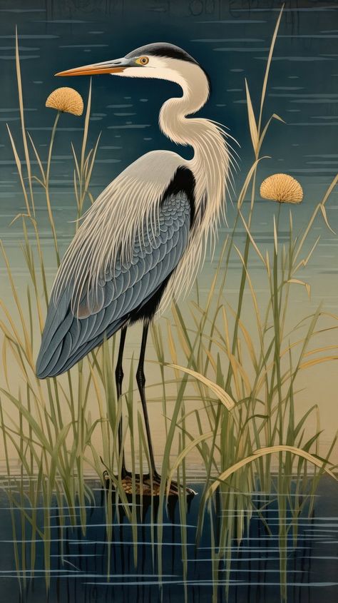 Traditional japanese stunning heron painting | Premium Photo Illustration - rawpixel Heron Japanese Art, Blue Heron Painting Acrylics, Pencil Background, Heron Illustration, Heron Painting, Heron Tattoo, Carl Linnaeus, Japanese Block Print, Heron Bird