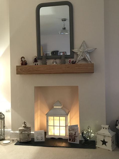 Tiny Fireplace Ideas, Fireless Fireplace Ideas, Mantle With No Fireplace, Log Burner On Shelf, Wood Burner Mantlepiece, Chimney Breast Floating Shelf, Logs In Alcove, Chimney Breast Shelf, Flat Wall Fireplace Ideas