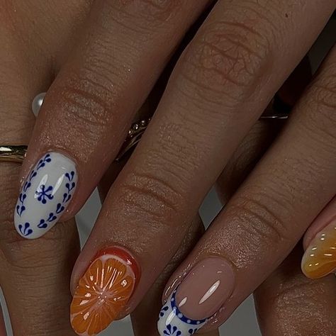 GEL NAILS | UÑAS BARCELONA ⋆｡˚ ✿ on Instagram: "citrus x mediterranean tiles in @mariona.roma 🍊✨🤍🔷 recreated @amys.clients  ♡  ♡  ♡  ♡  ♡  ♡  ♡  #nailart #nailsofinstagram #gelnails #barcelona #nails2inspire #summernails #3dnailart #orange #nails4today #nailsnailsnails #nailsaddict #summer #nailartist #unglesbarcelona" Orange Citrus Nails, Aperol Spritz Nails, Spanish Tile Nails, Barcelona Nails, Mediterranean Nails, Med Nails, Italian Nails, Citrus Nails, Tile Nails