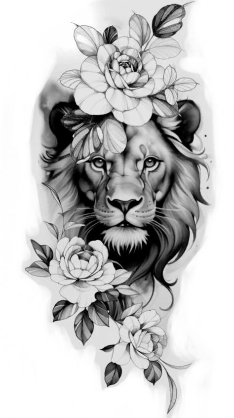 Lion In Flowers Tattoo, Ornamental Lion Tattoo, Asian Lion Tattoo, Lion With Butterfly Tattoo, Lioness Flower Tattoo, Flower Lion Tattoo, Lion Flower Tattoo Design, Lion Flowers Tattoo, Lion Flower Tattoo