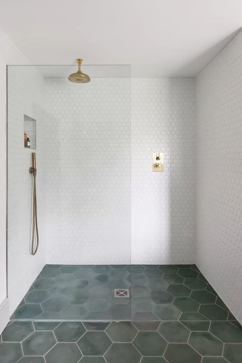 Green And White Bathroom, Hexagon Tile Bathroom, Shower Tiles, Century Farmhouse, Shower Fittings, Green Flooring, Tile Flooring, Green Tile, Bathroom Floor Tiles