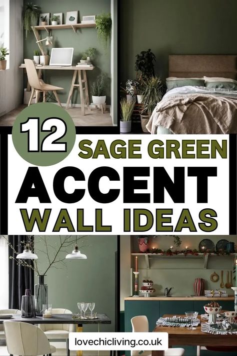 "Discover 12 stunning sage green accent walls that will transform any room into a haven of peace and style. Whether it's the soothing calm in the bedroom, a breath of freshness in the kitchen, an elegant touch in the living room, or a gentle backdrop in the nursery, sage green adds a natural sophistication. Pin this for endless inspiration to create a serene and chic space in your home with sage green!" Accent Wall Bedroom Rustic, White Walls With Sage Green Accent Wall, Sage Green Accent Wall Kitchen, Sage Green Accent Wall Office, Sage Green Statement Wall, Sage Green Accent Wall Behr, Sage Green Accent Wall Bedroom, Green Accent Wall Living Room, Nursery Sage Green