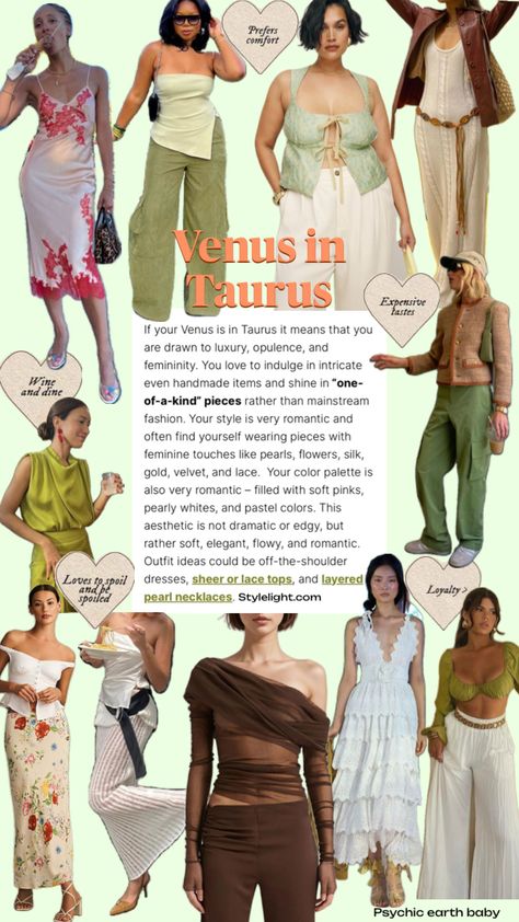 Style for Venus in Taurus 🌿🌻✨ #styleboard #astrology #venusintaurus #style #outfitinspo Taurus Fashion, Venus In Taurus, Bohemian Grunge, Venus Fashion, Dramatic Hair, All Body Workout, Thrift Flip, Fashion Fits, Romantic Style