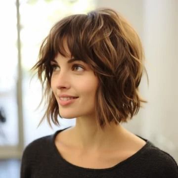 40 Best Shaggy Bob with Bangs Haircut Ideas Shaggy Bob With Bangs Round Faces, Short To Medium Haircuts With Bangs, Short Shag Bob Haircuts, Layered Shaggy Bob With Bangs, Med Hair With Bangs, Shag For Wavy Hair, Messy Short Hair With Bangs, Medium Hair With Bangs Round Face, Shag Bangs Short Hair