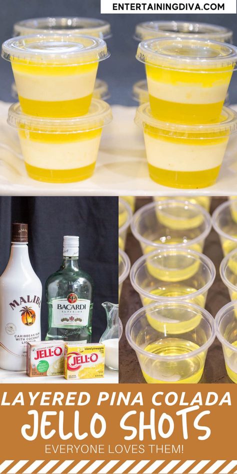 These layered Pina Colada jello shots are the best! They use Malibu rum and Island Pineapple jello...and they taste awesome! Perfect for a summer tropical party. Pina Colada Jello Shots Recipe, Coconut Cream Pudding, Pina Colada Jello Shots, Rum Jello Shots, Making Jello Shots, Best Jello Shots, Jello Shots Recipe, Pineapple Jello, Pina Colada Drinks