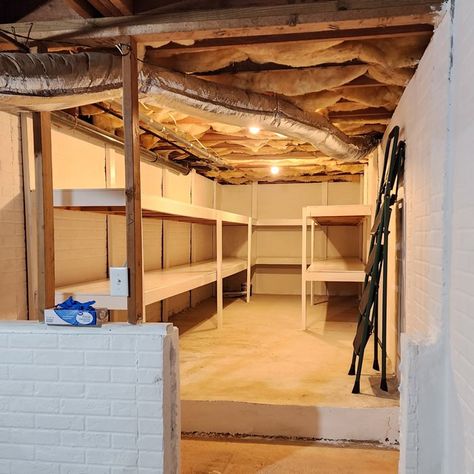 Crawl Space Ideas Storage, Finished Crawl Space Ideas, Basement Crawl Space Ideas, Crawl Space Organization, Crawl Space Ideas, Painting Basement Walls, Bulkhead Ideas, Crawl Space Storage, Basement Storage Shelves