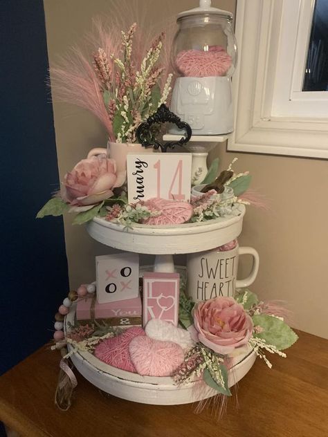 Tiered Tray Decorating & More | It’s Love Day Today. | Facebook Diy Valentines Tiered Tray Decor, Diy Tiered Tray Decor Ideas, Valentine Tiered Tray Ideas, Diy 3 Tier Stand, Cake Stand Decor Ideas, Two Tiered Tray Decor, 3 Tier Shelf Decor, 3 Tier Stand Decor, Tier Shelf Decor