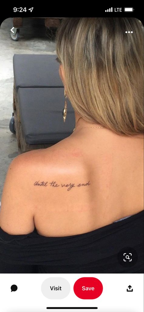 Writing Tattoos On Shoulder, Back Shoulder Tattoo Writing, Upper Back Quote Tattoo, Back Of Neck Quote Tattoo, Tiny Neck Tattoos For Women Words, Text Tattoo On Shoulder, Wording Tattoos Placement, Upper Back Script Tattoo, Simple Back Shoulder Tattoo