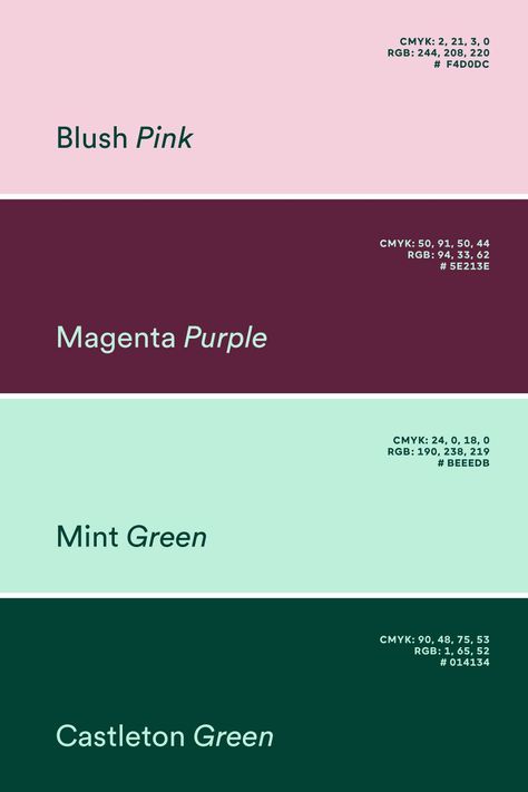 This is a luxurious and elevated color combination fusing lush pink, magenta, mint green and pine to create a divine color palette. #branding #brand #logodesign #brandingdesign #graphicdesign #logo #colorpalettes #colortrends #pantone #brandcolors Mint Green Branding Palette, Green Pink Pallet Color, Mint Pink Color Palette, Color Palette With Pink And Green, Mint Green Color Pallete, Mint Green And Pink Color Palette, Color Palette With Mint Green, Magenta Green Color Palette, Mint Pallete Color