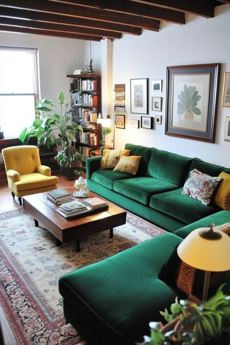 Transform your space with vibrant living room decor! This setup features a rich green sofa paired with a bright yellow chair, perfect for adding a pop of color. Embrace cozy textures and eclectic artwork to create a warm, inviting atmosphere. #LivingRoomDecor #HomeStyle #InteriorDesign Green Sofa Yellow Chair, Warm Maximalist Decor, Emerald Green And Yellow Living Room, Emerald Green Couch Living Room Ideas, Colorful Contemporary Living Room, Living Room Green Couch, Green Couch Living Room Ideas, Green Couch Decor, Velvet Green Couch