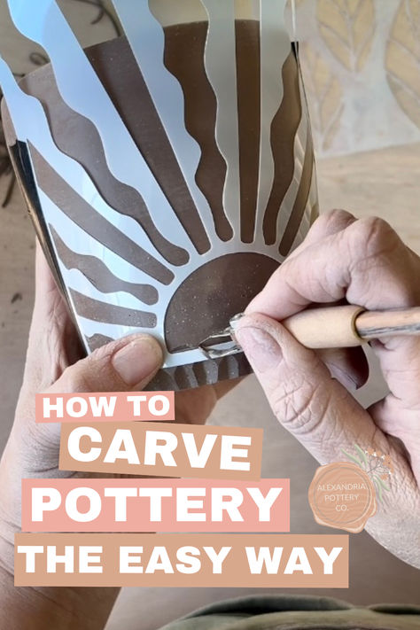 Carving clay made easy! Fun tutorial for hand-carving pottery. Learn how to make pottery projects step by step. Easy Ceramics! Mugs, Vases and more... Pottery Carved Designs, Glazing Carved Pottery, Scrafitto Ceramics Ideas, Carved Flowers Pottery, How To Carve Pottery, Ceramic Mug Tutorial, Carving On Pottery, Slab Built Pottery Ideas, Carving Clay Ideas Patterns