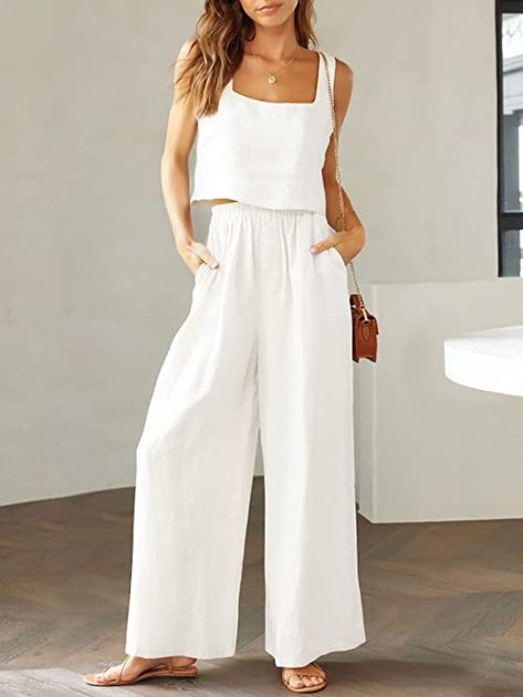 his trendy womens two piece summer casual outfits cute matching sets suitable for summer party, vacation, weekend, family party, beach, casual tourism and daily wear. A must have two piece modest outfits. Top And Wide Leg Pants, Flowy Wide Leg Pants, Leggings And Socks, Estilo Chic, Square Neck Top, Pantalon Large, Outfit Casual, Tee Dress, Look Chic