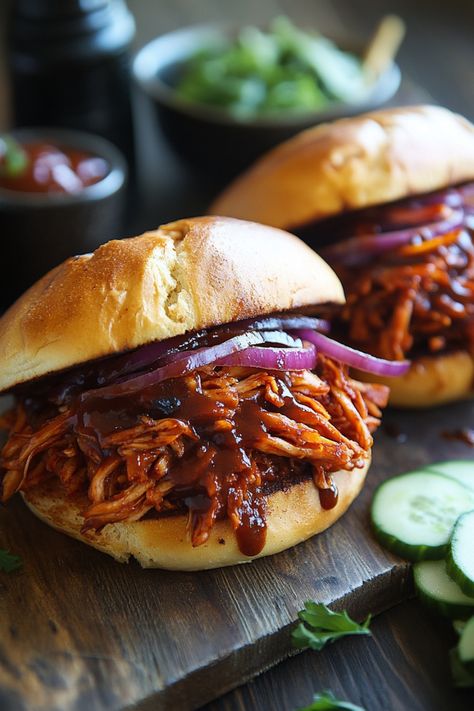 Pulled BBQ chicken sandwiches with red onion slices and a side of cucumber slices. Bbq Jackfruit Recipes, Jack Fruit Pulled Pork, Avocado Slaw, Jackfruit Pulled Pork, Pulled Jackfruit, Bbq Sliders, Jackfruit Sandwich, Vegan Pulled Pork, Bbq Pulled Pork Sandwiches