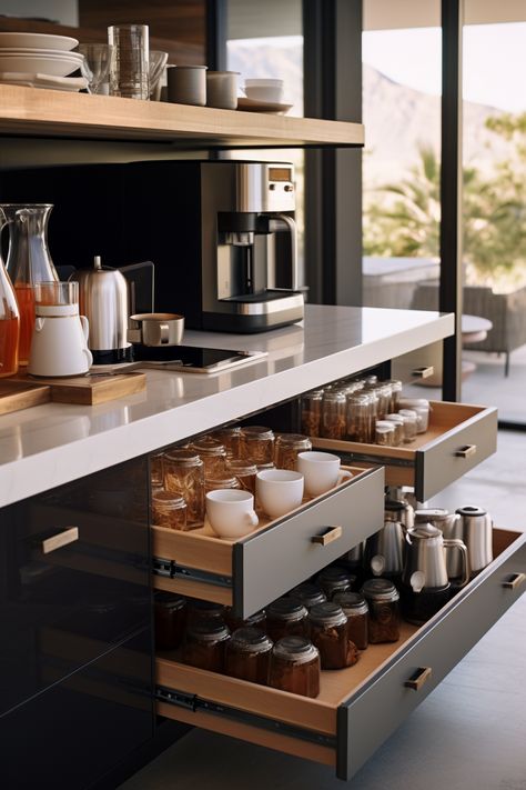 'Coffee Bar Styling Tips: Creating a Personal Haven - WFM Coffee Bar Dining Coffee Bar, Coffee Bar With Prep Sink, Master Coffee Bar, Coffee Bar Built In Kitchen, Coffee Center In Kitchen, Luxury Snack Bar, Whiskey Station, Espresso Bar Ideas, Coffee Nook In Kitchen