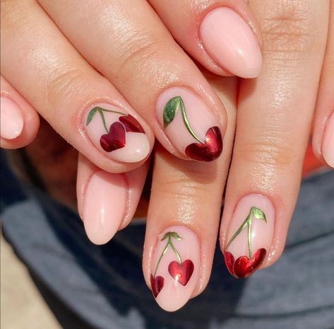 Round Acrylic Nails Design, Nails With Cherry, Nail Art Cherry, Heart Tip Nails, Nails Cherry, Cherry Nail Art, Cherry Nail, Coquette Nails, Cherry Nails