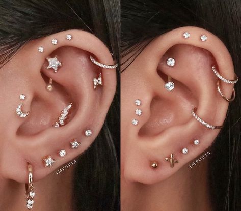 Full Ear Piercings, Inner Ear Piercing, Gold Earring Studs, Multiple Piercings Earrings, Ear Curation, Ear Piercing Jewelry, Cool Ear Piercings, Pretty Ear Piercings, Cute Ear Piercings