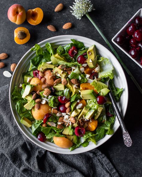 Apricot Salad, Cherry Salad, Cherries Salad, Romaine Lettuce Salad, Olive Oil And Vinegar, Lettuce Salad, Garden Recipes, Summer Salad, Salad Dressing Recipes