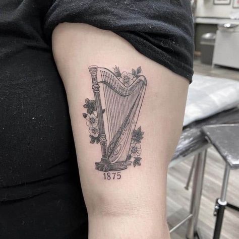 Instrument Tattoo, Irish Harp Tattoo, Harp Tattoo, Trumpet Tattoo, Musician Tattoo, Piano Tattoo, Guitar Tattoo Design, Bookish Tattoos, P Tattoo