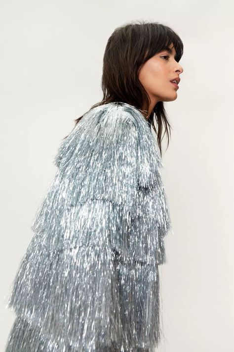 Metallic Open Front Tiered Tinsel Fringe Jacket | Nasty Gal (US) Silver Jacket Outfit, Tinsel Fringe Jacket, Fringe Jacket Outfit, Tassel Jacket, Fringe Coats, Fringe Kimono, Diy Jacket, Sequin Jacket, Fringe Jacket