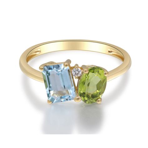 Helzberg Diamonds Blue Topaz, Peridot And Diamond Toi Et Moi Ring In 10k Yellow Gold Size 6 Description This Alluring Toi Et Moi Ring Features One Emerald Cut Blue Topaz, One Oval Peridot And One Brilliant Cut Diamond Accent In A Glistening 10k Yellow Gold Setting. Peridot Ring Gold, Yellow Topaz Ring, Stone Ring Design, Green Diamond Rings, Birthstone Engagement Rings, Radiant Engagement Rings, Peridot Engagement Rings, March Birthstone Ring, Topaz Birthstone