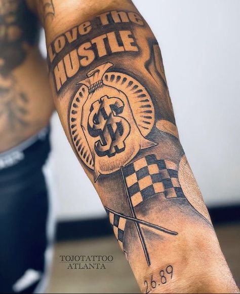 Finish Line Tattoo, Victory Lap Tattoo, Dream Chaser Tattoo For Men, Risk Taker Tattoo Men, Beat The Odds Tattoo Men, Calf Muscle Tattoo, Hustle Tattoo For Men, Leg Tattoo Men Calves, Street Tattoos For Men