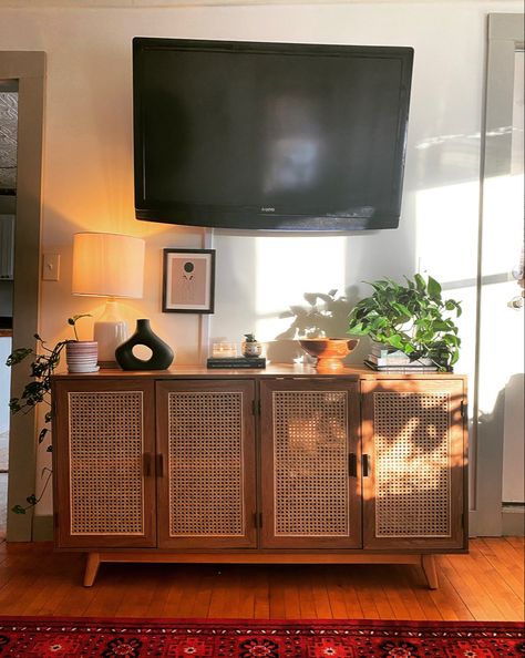 Mid Century Modern Sideboard decor, tv stand Mid Century Tv Stand Decor, Eclectic Tv Stand Decor, Boho Television Stand, Side Board Under Tv, Vintage Tv Stand Decor, Mcm Tv Console, 70s Tv Stand, Tv Stand Vintage, Cottage Core Tv Stand