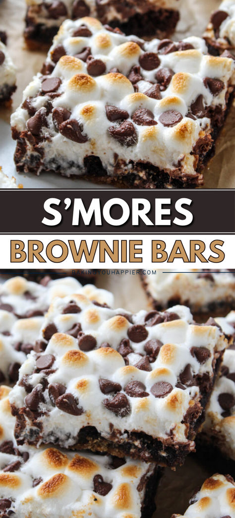 S’mores Brownie Bars, a delicious s’mores brownie that has a graham cracker crust, a gooey chocolatey center, and toasted marshmallows on top!